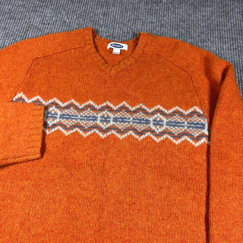 Vintage Old Navy Sweater Men's XL Orange Lambswool V-Neck Fair Isle Fall Grandpa